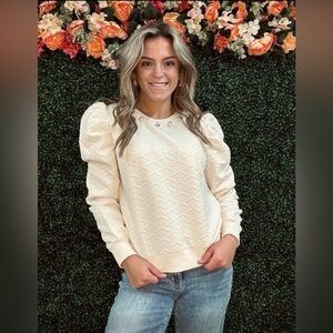 NWT Simply Southern size S princess sleeve cream sweatshirt bejeweled neckline